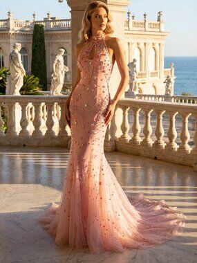 Luxurious Designer Couture Prom Party Runway Evening Cocktail Halter Gown Dress